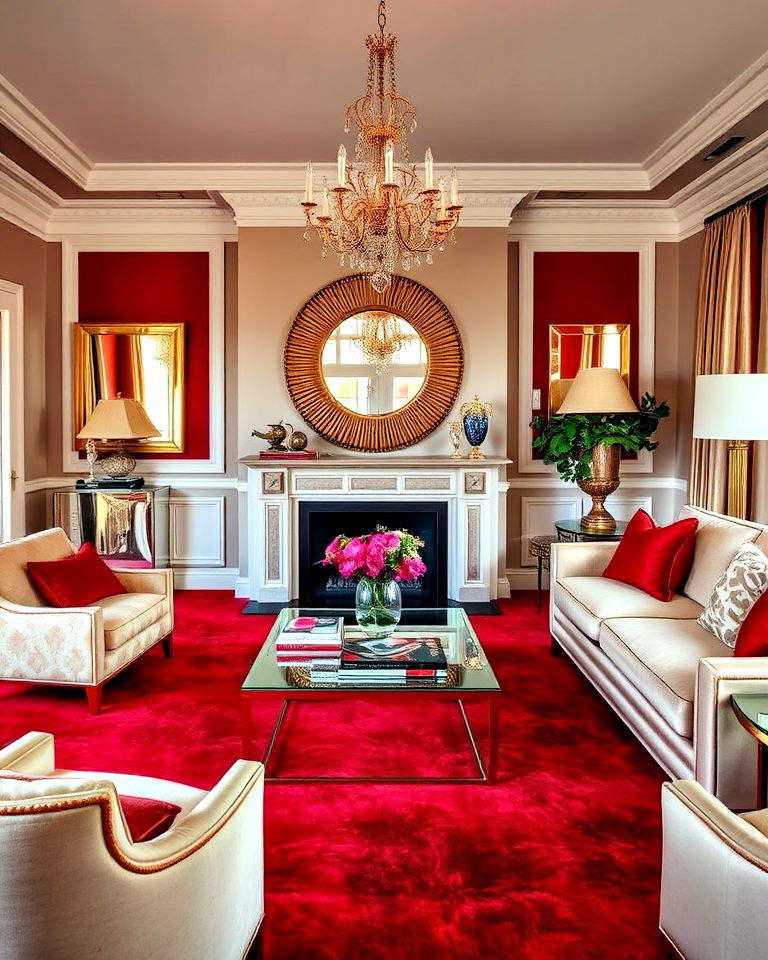luxurious red carpet and metallic accents - 20 Red Carpet Living Room Ideas