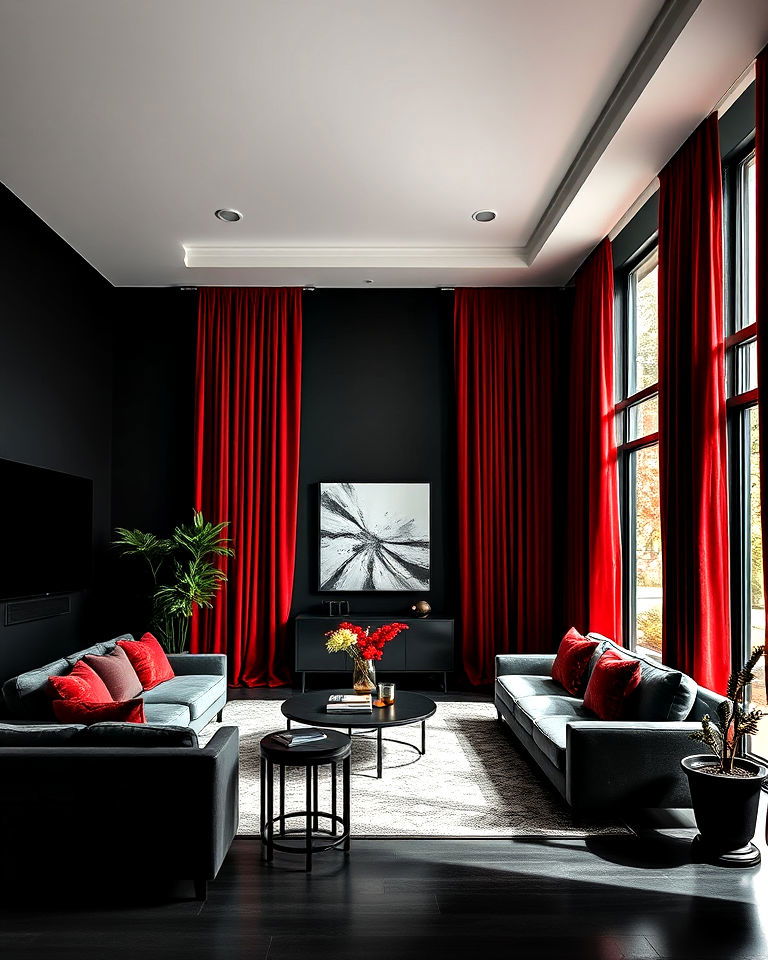 luxurious red curtains and black walls - 25 Black and Red Living Room Ideas