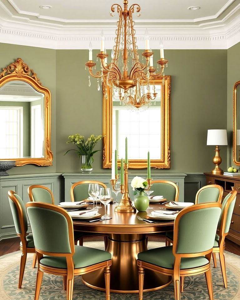 luxurious sage green and gold decor - 25 Sage Green Dining Room Ideas
