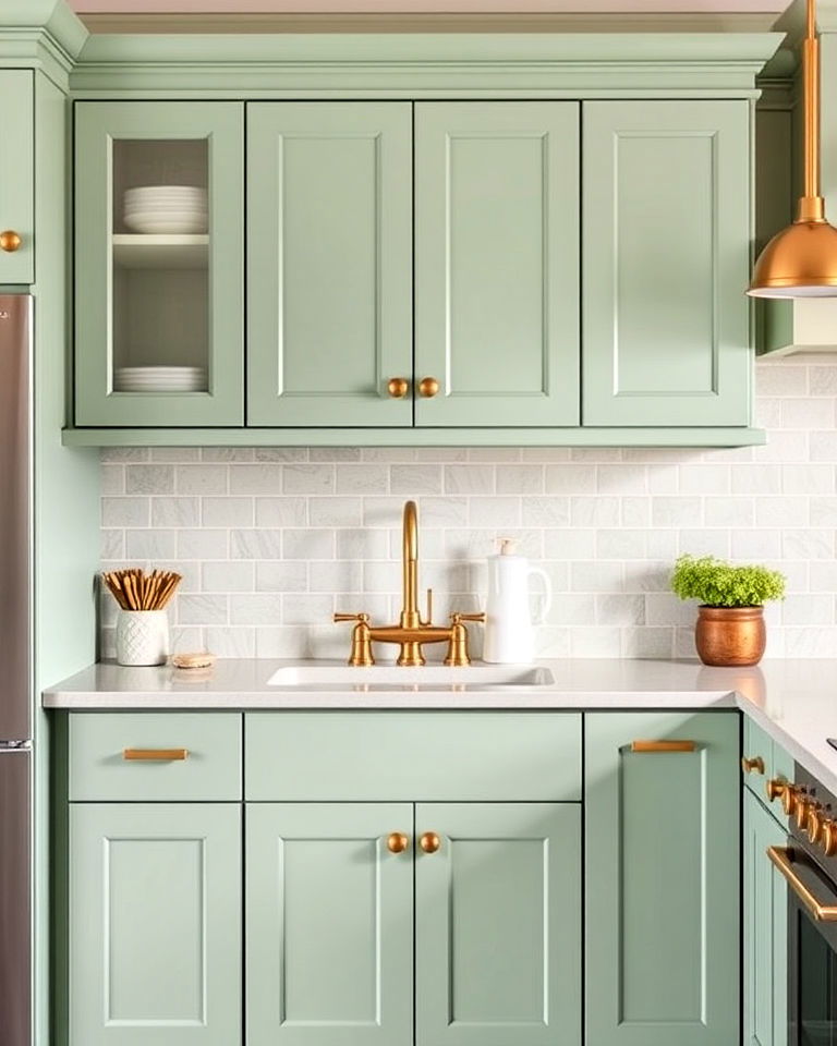 luxurious seafoam green and brass hardware combo - 15 Seafoam Green Kitchen Ideas