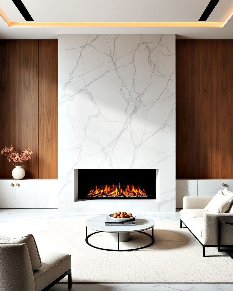 luxurious smooth marble stone fireplace - 20 Floor-to-Ceiling Stone Fireplace Ideas