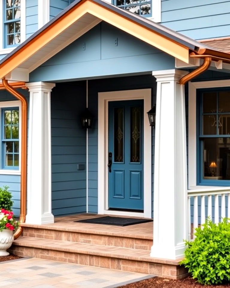 luxurious soft blue with copper gutters and downspouts - 25 Light Blue House Exterior Ideas