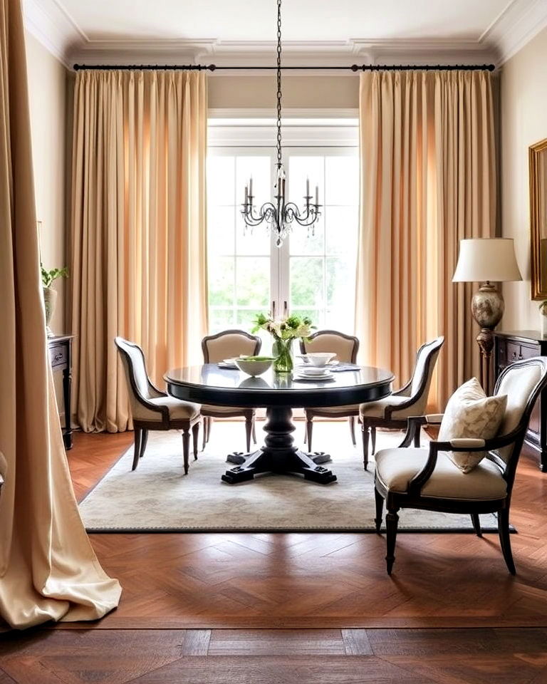 luxurious statement drapery - 25 French Parisian Dining Room Ideas