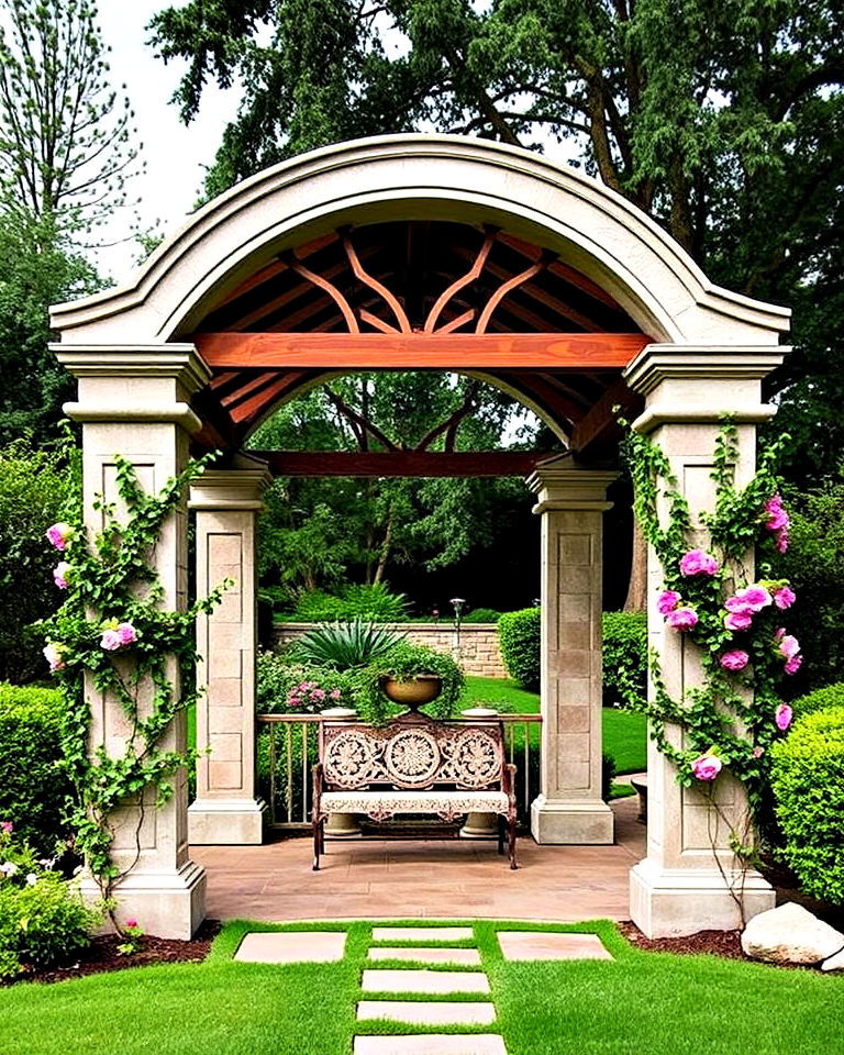 luxurious stone pillar arbor - 40 Garden Arbor Ideas