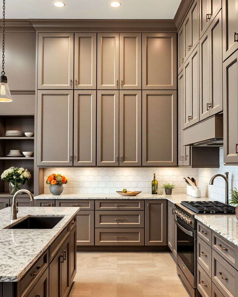 luxurious taupe cabinets with ceiling high cabinetry - 25 Taupe Kitchen Cabinet Ideas