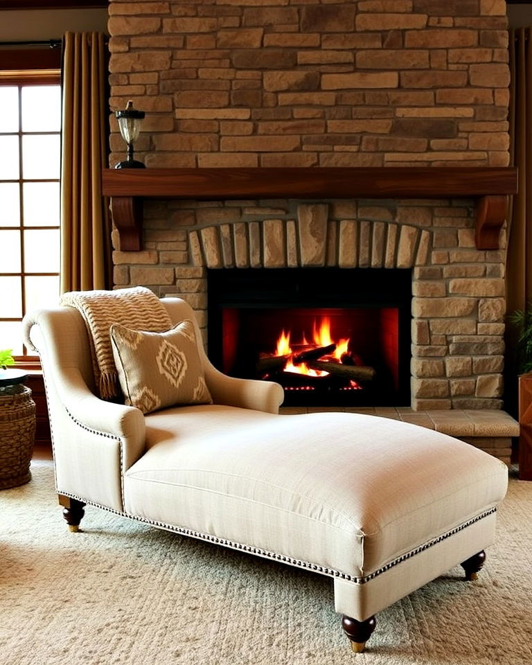 luxurious upholstered chaise lounge - 20 Chairs in Front of Fireplace Ideas