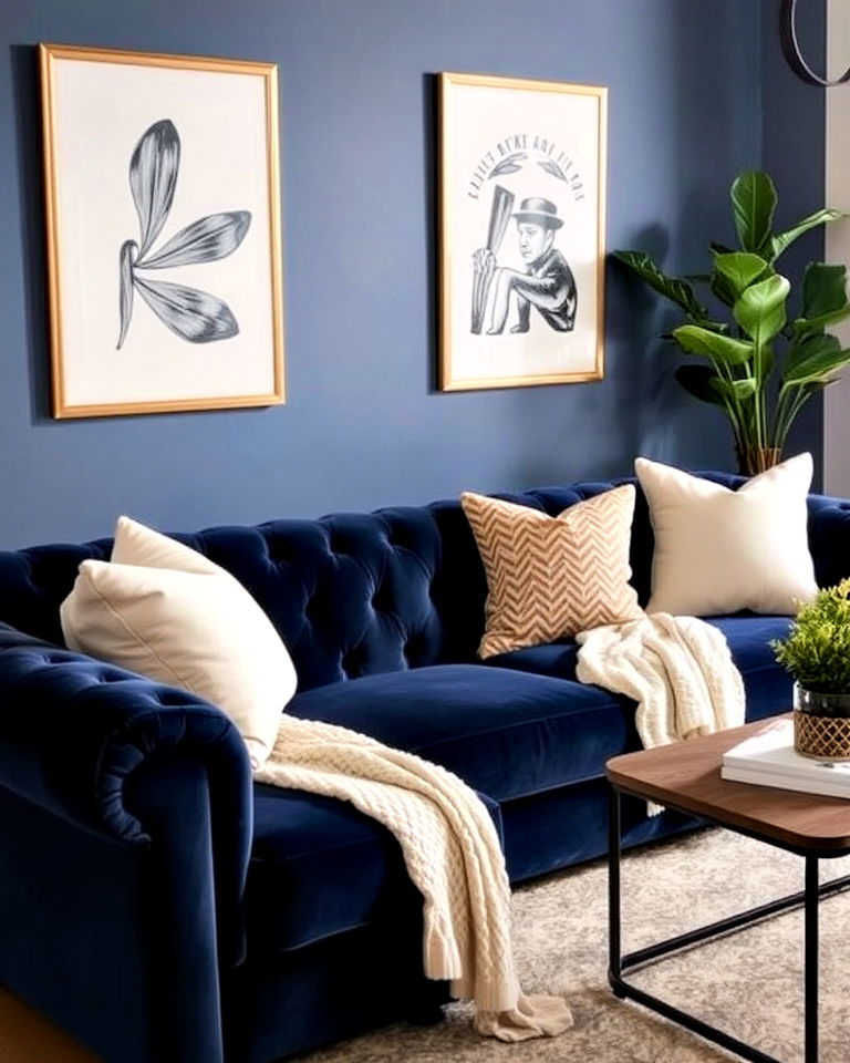 luxurious velvet navy blue sofa - 25 Navy Blue Living Room Ideas