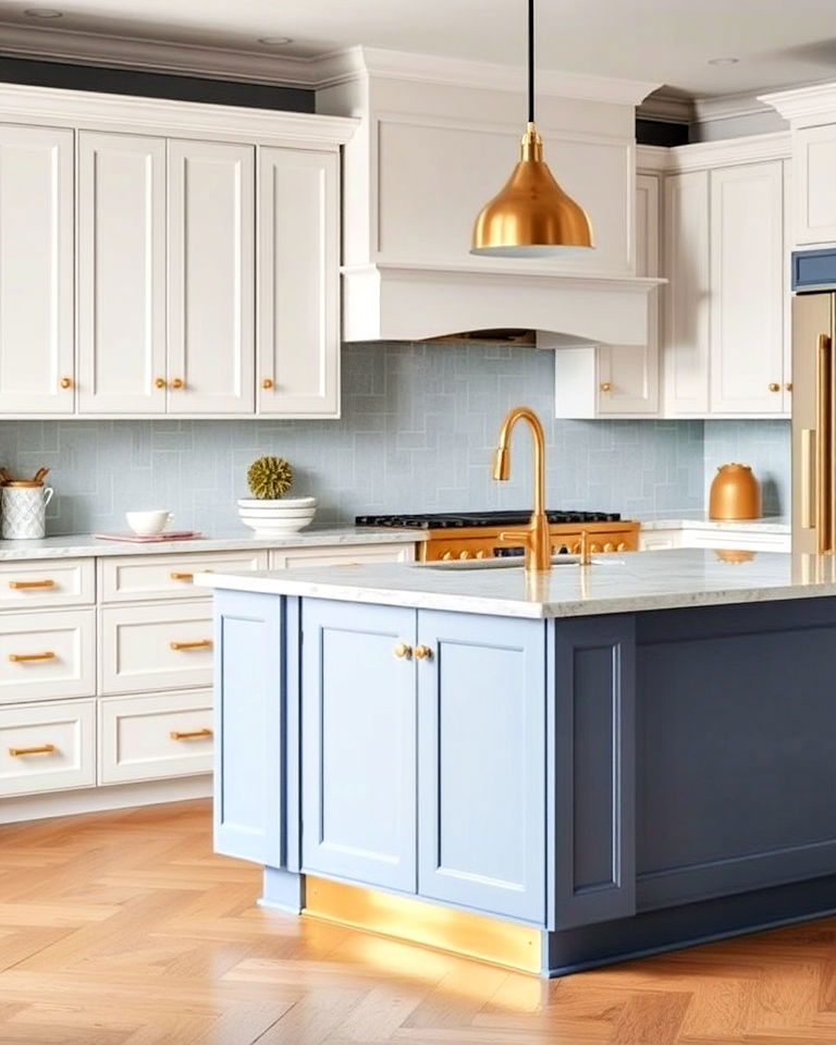 luxurious vibe gold accents - 30 White Kitchen Cabinets With Blue Island