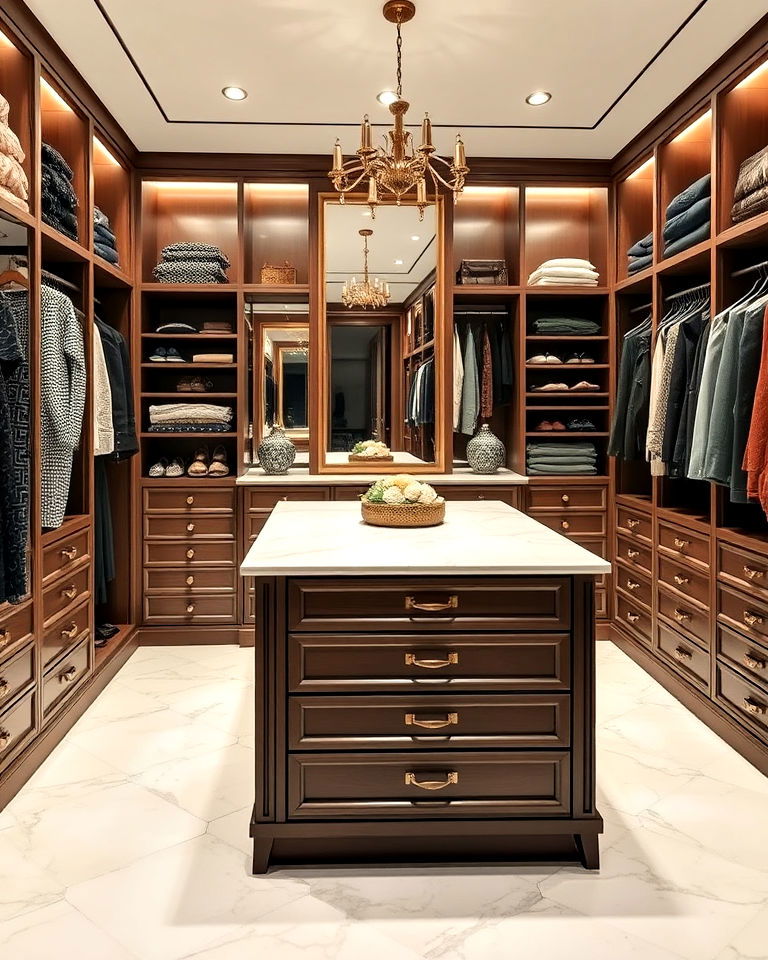 luxurious walk in closet with an island - 30 Dressing Room Ideas