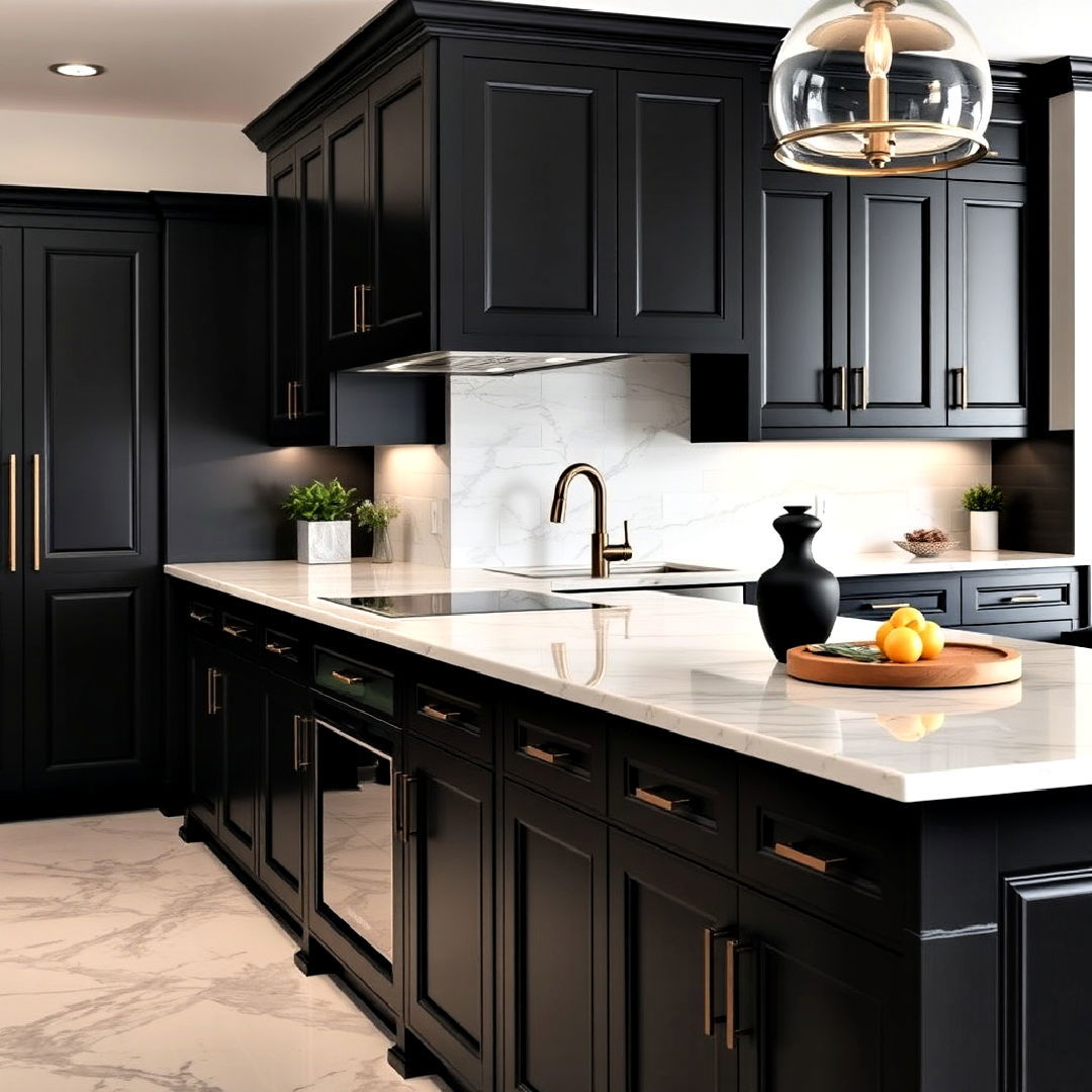 luxurious white marble countertops and black cabinets - 15 Black Kitchen Cabinets With White Countertops