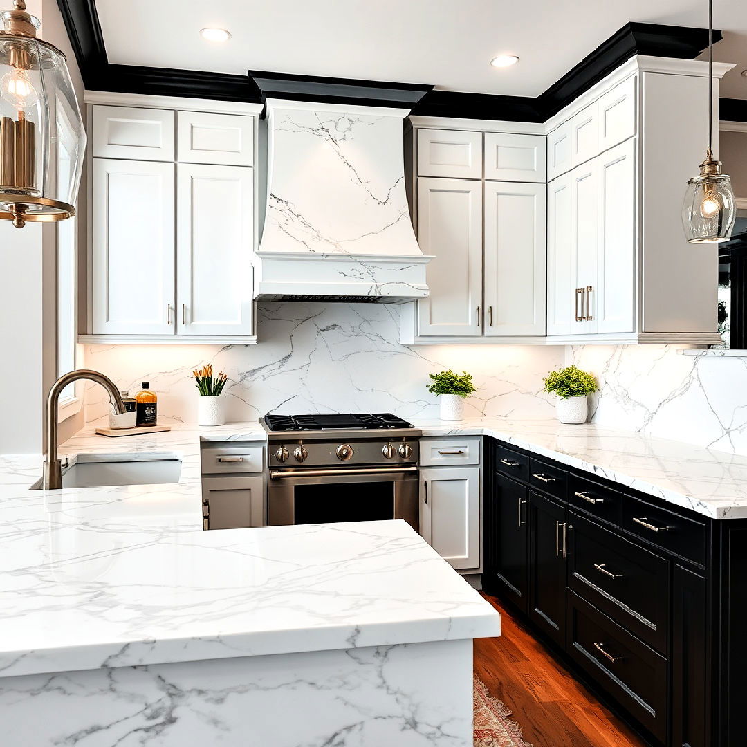 luxurious white marble countertops with black veining - 40 Black and White Kitchen Ideas