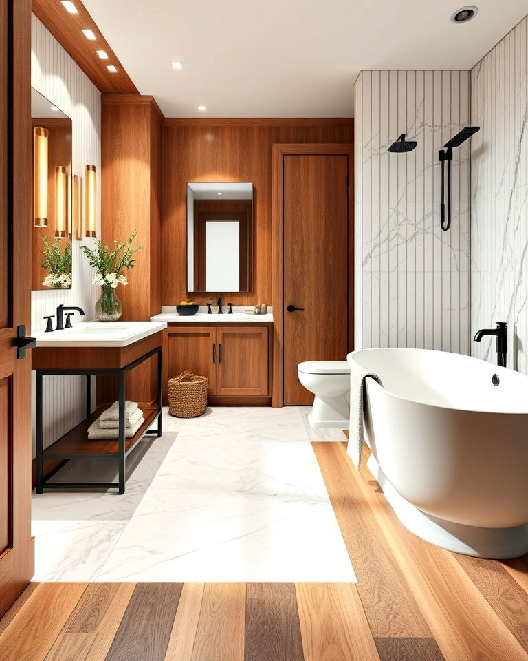 luxurious wood and marble flooring - 25 Ideas for Wood Floors in Bathrooms