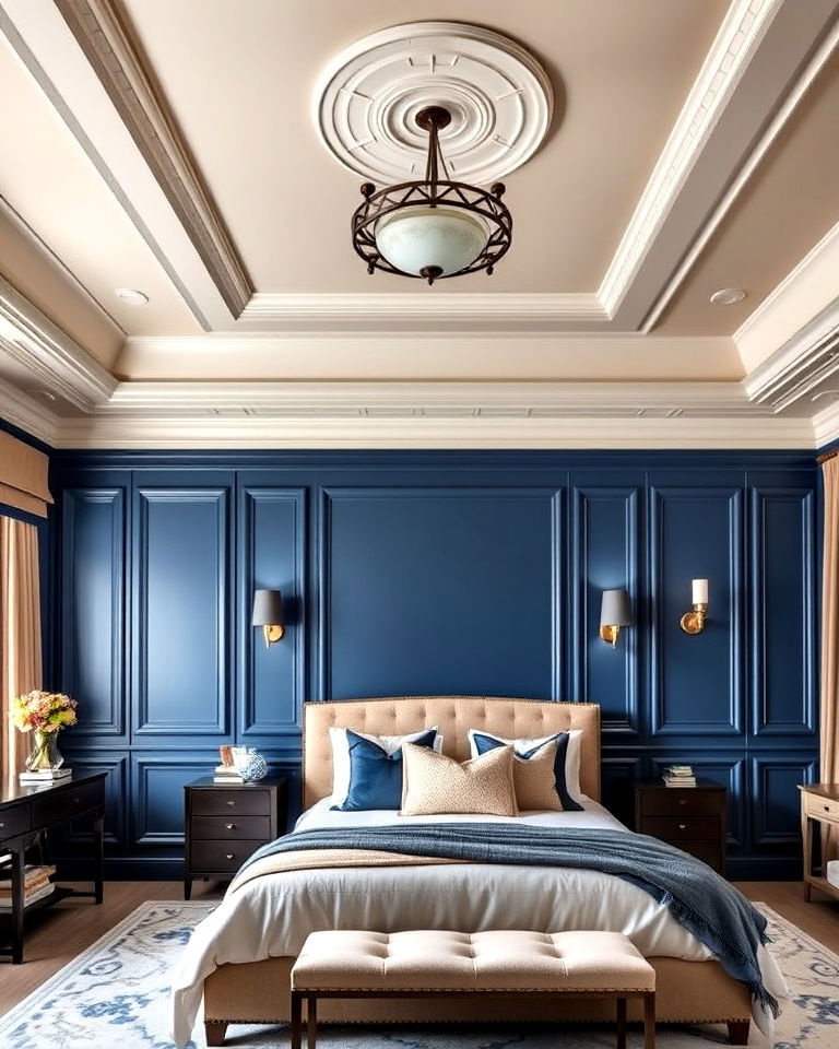 luxury bedroom with blue paneled walls - 25 Luxury Blue Bedroom Ideas