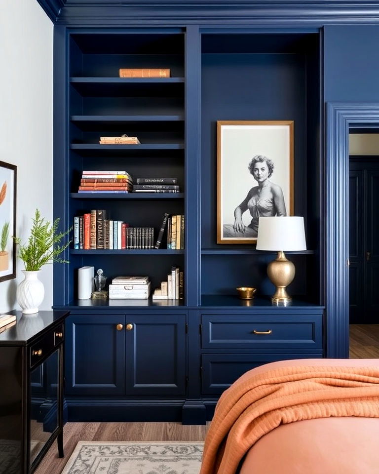 luxury bedroom with deep blue built in shelves - 25 Luxury Blue Bedroom Ideas