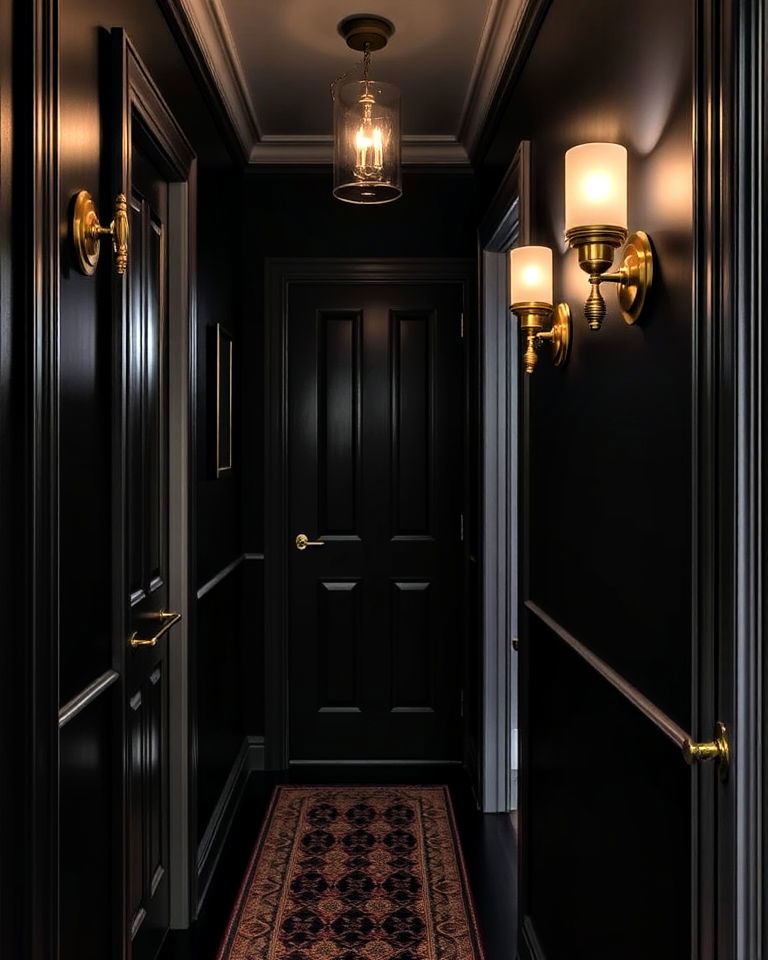 luxury black hallway with brass fixtures - 15 Black Hallway Ideas