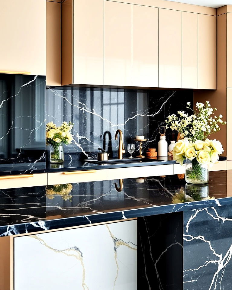 luxury black marble with beige accents - 20 Black and Beige Kitchen Ideas