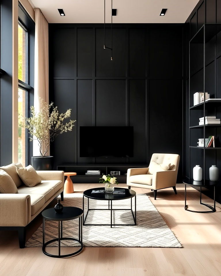 luxury black paneled walls with beige flooring - 30 Black and Beige Living Room Ideas