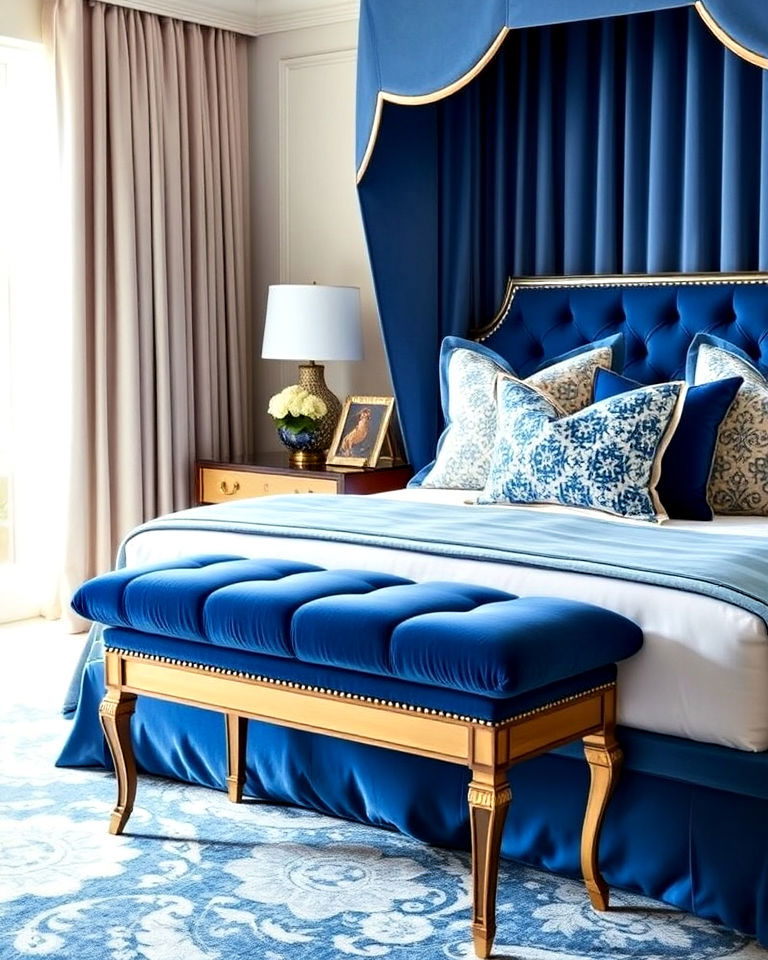 luxury blue upholstered bench - 25 Luxury Blue Bedroom Ideas