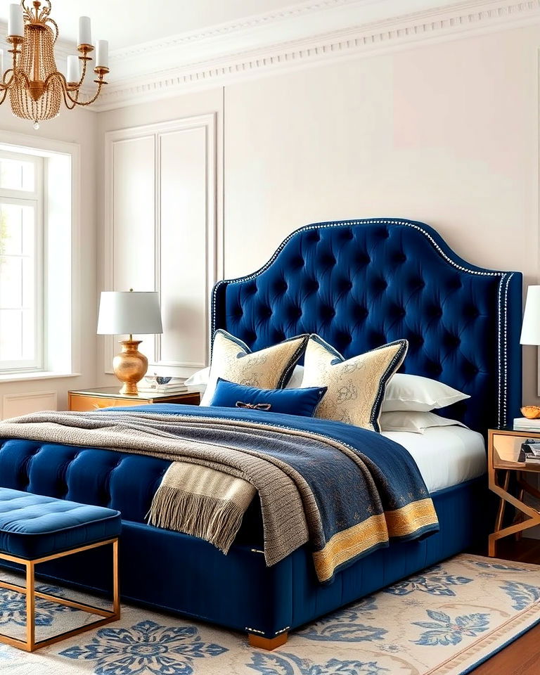 luxury blue velvet upholstered bed - 25 Luxury Blue Bedroom Ideas