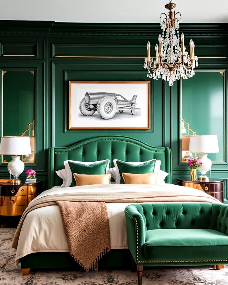 luxury green paneling with gold inlays - 20 Green Panelling Bedroom Ideas