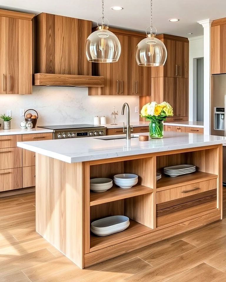 luxury island with wood and stone combo - 20 Luxury Kitchen Island Ideas