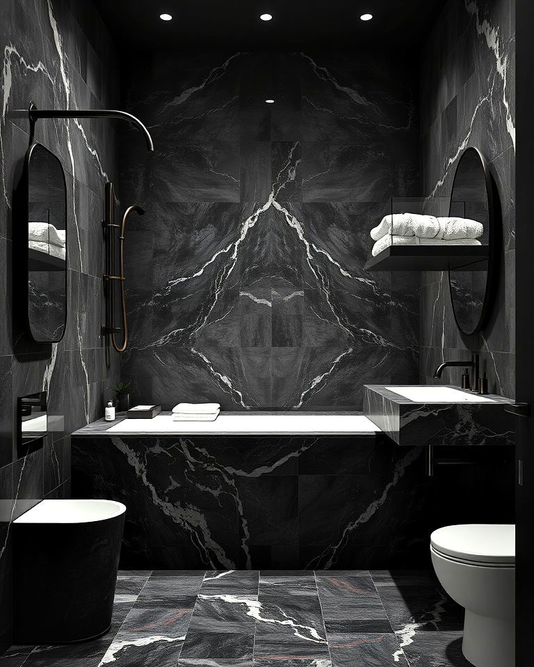 luxury marble and stone accents - 20 Dark Academia Bathroom Ideas