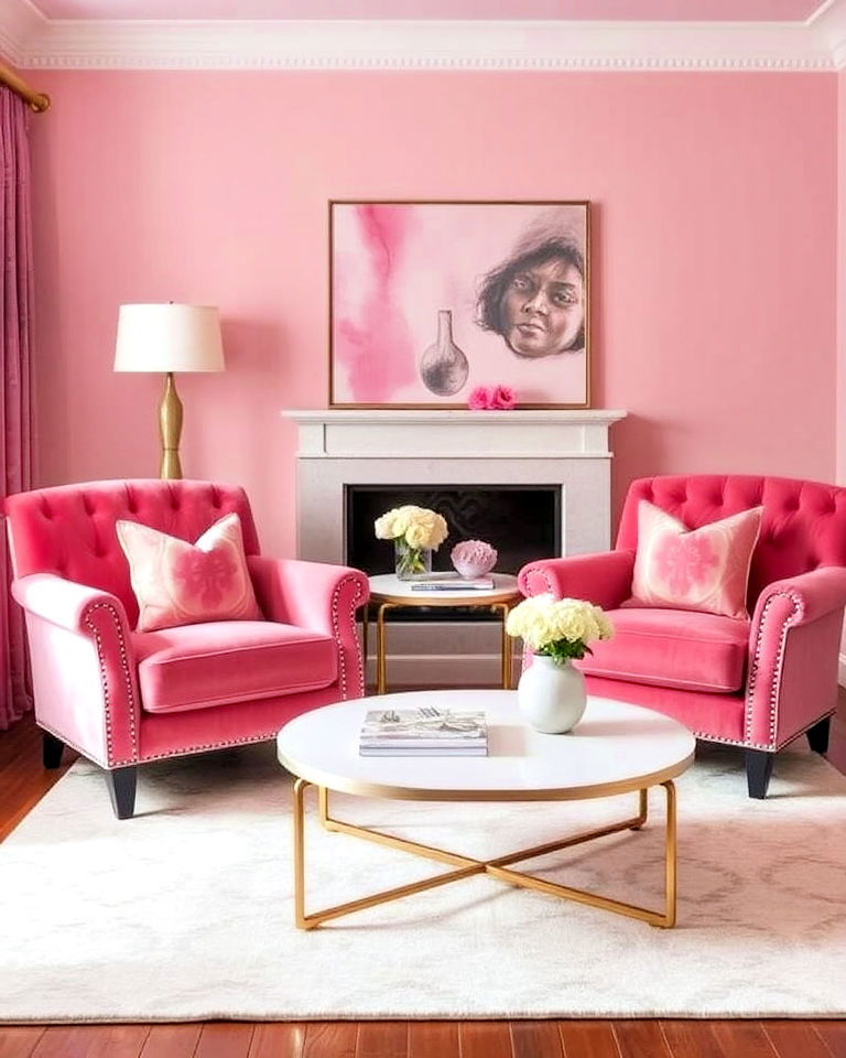 luxury pink velvet armchairs - 20 Pink and White Living Room Ideas