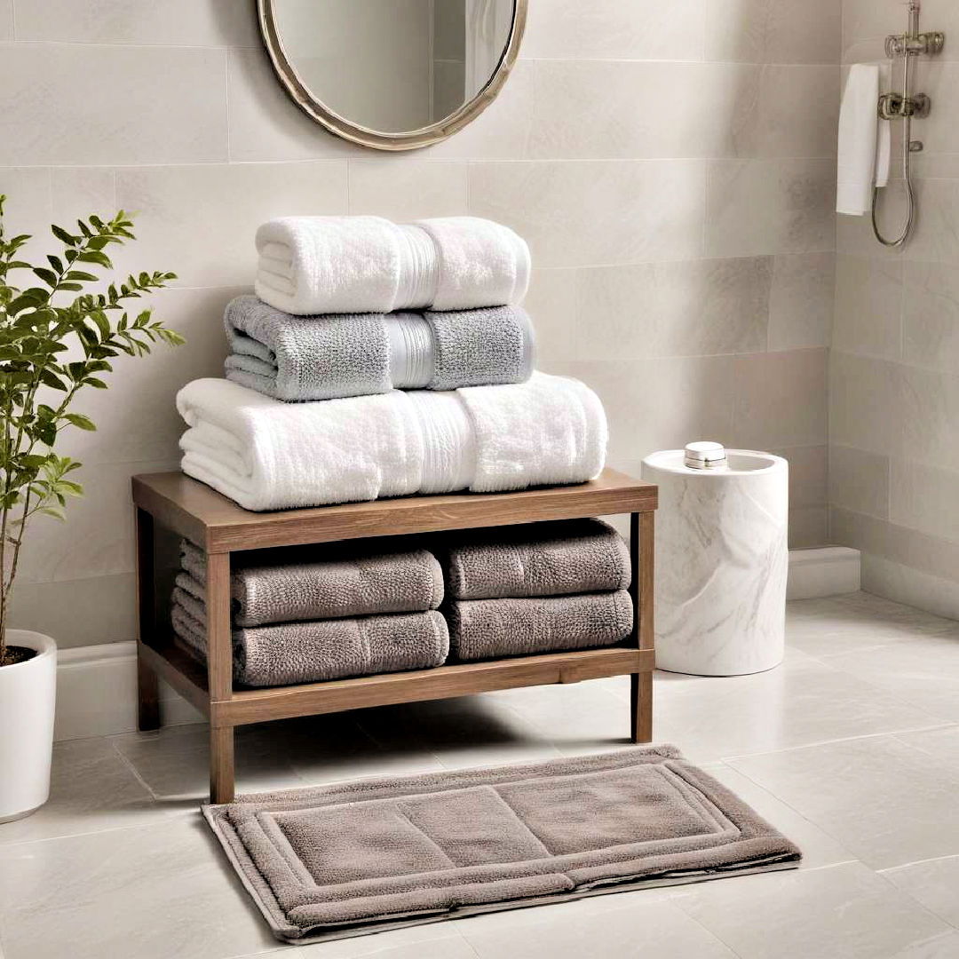 luxury plush towels and mat - 40 Bathroom Decor Ideas