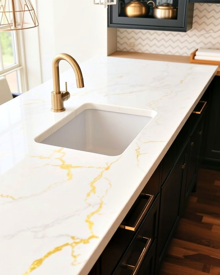 luxury white quartz with subtle gold veining - 20 Quartz Kitchen Countertops