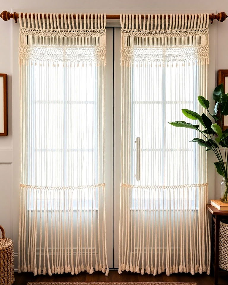 macrame curtains to add bohemian flair - 40 Farmhouse Window Treatment Ideas