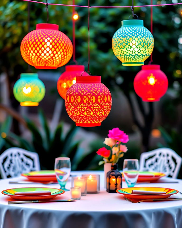 magical glow with papel picado lanterns - 20 Mexican Table Decor Ideas