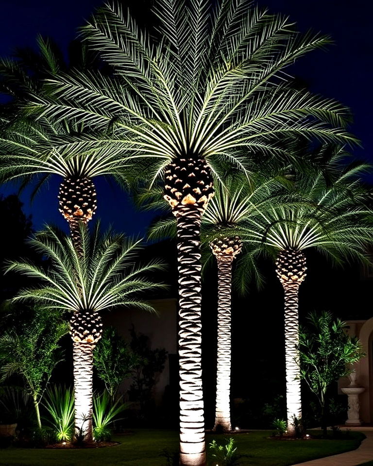 magical space with night lit palm trees - 30 Front Yard Palm Tree Landscape Design Ideas