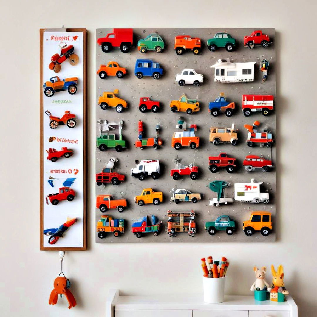 magnetic storage board to store small metal toys - 40 Toy Storage Ideas