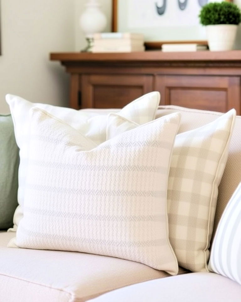 magnolia living room with neutral throw pillows - 20 Magnolia Living Room Ideas