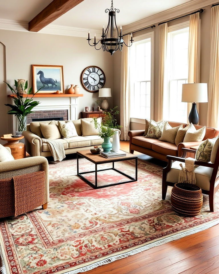 magnolia living room with vintage rug - 20 Magnolia Living Room Ideas