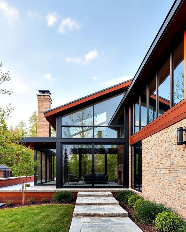 mahogany brown exterior and expansive glass features - 25 Dark Brown House Exterior Ideas