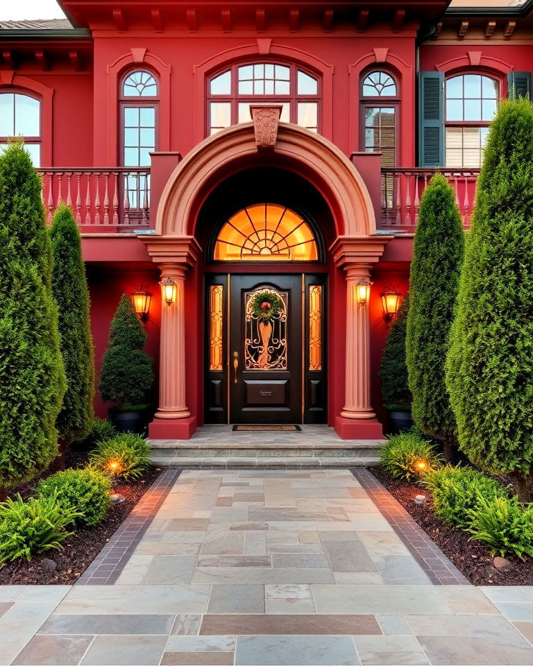 mahogany red house exterior and gold accents - 20 Dark Red House Exterior Ideas