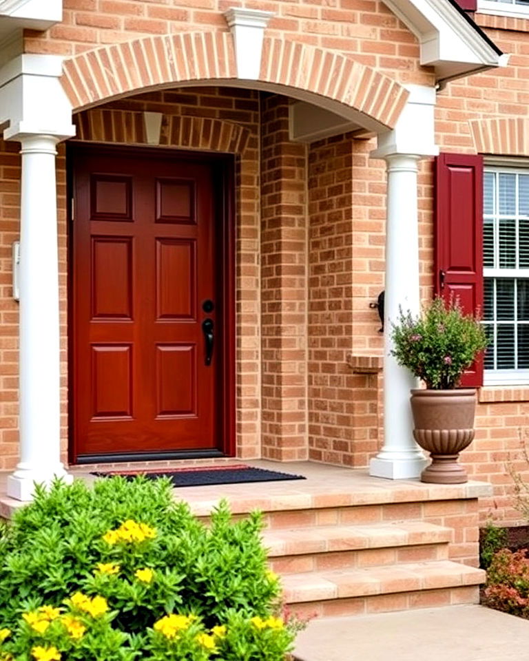 mahogany wood tones for tan brick home - 25 Tan Brick House Color Schemes