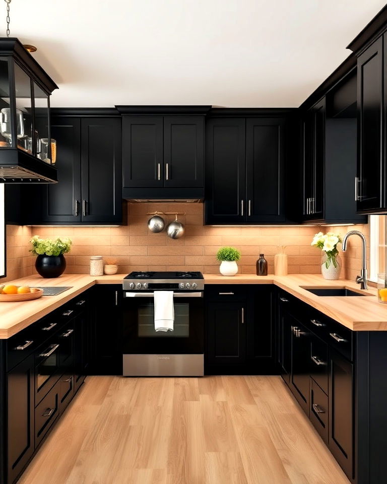 maple wood countertops for a soft contrast - 25 Kitchen With Black Cabinets And Wood Countertops Ideas
