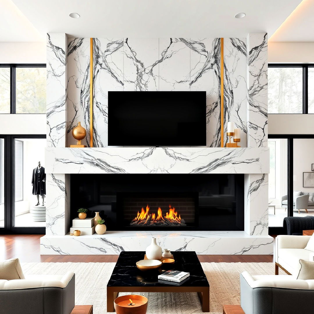 marble and brass two story fireplace - 25 Two-story Fireplace Ideas