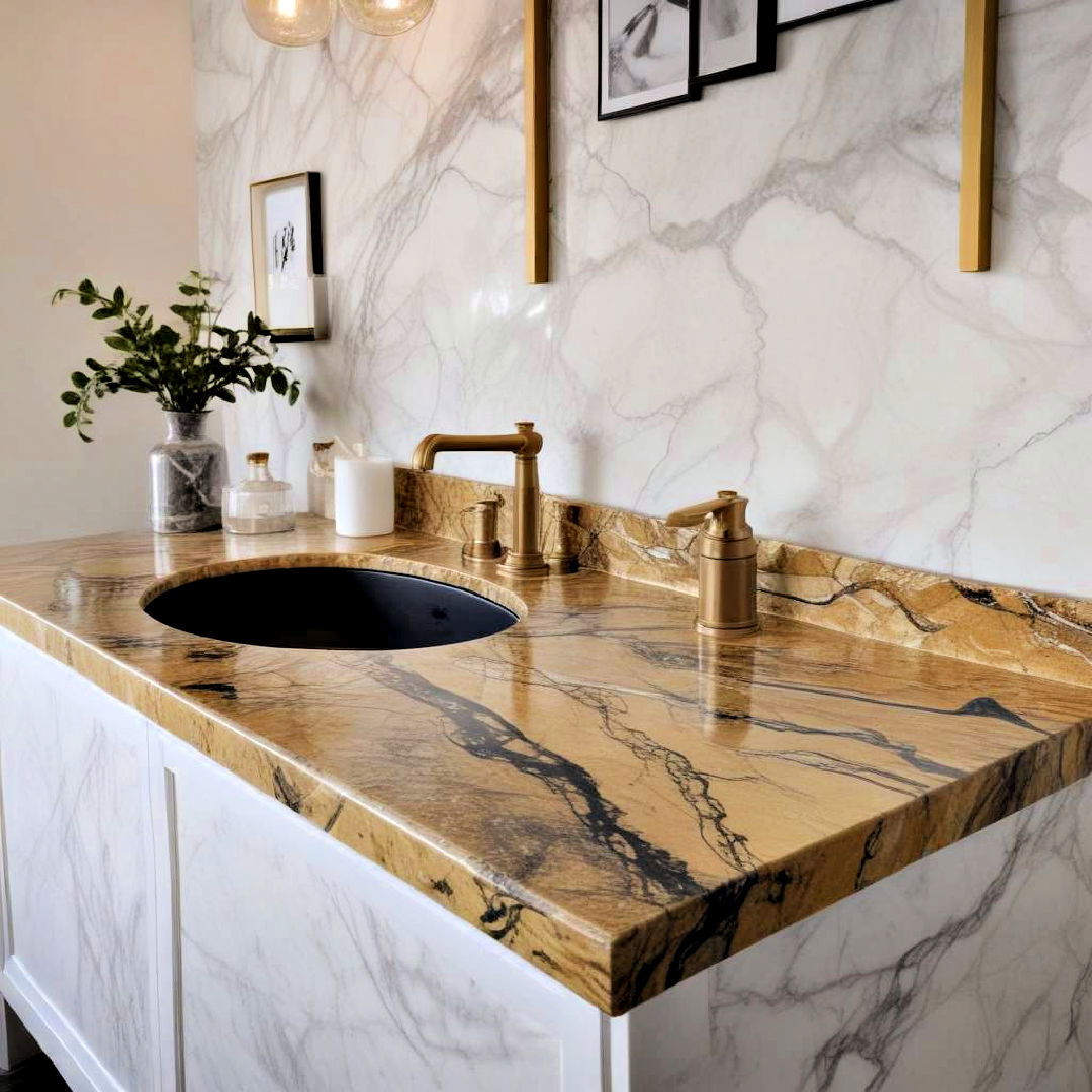 marble countertop for black and gold bathroom - 20 Black and Gold Bathroom Ideas