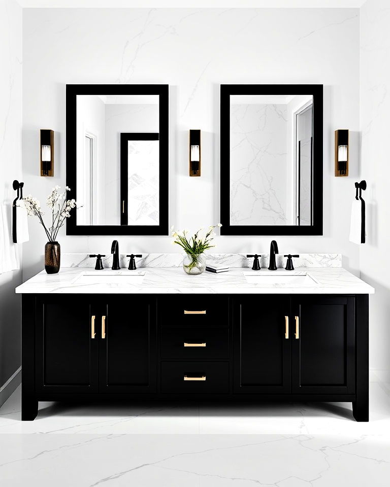 marble countertop for black double vanity - 20 Black Vanity Bathroom Ideas