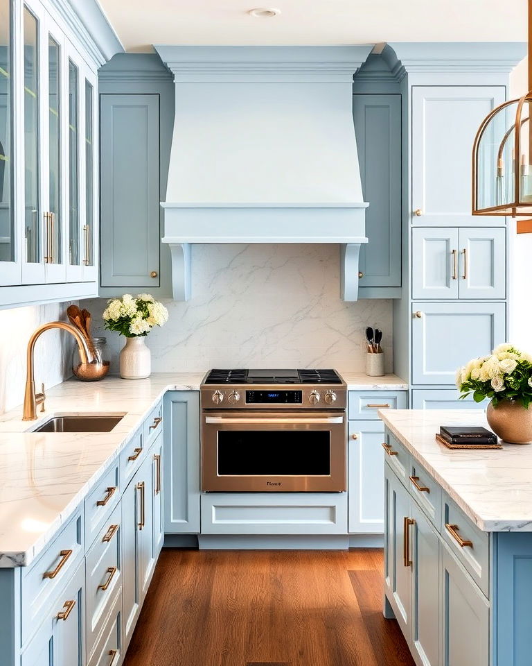 marble countertops and light blue cabinets - 20 Light Blue Kitchen Cabinets Ideas
