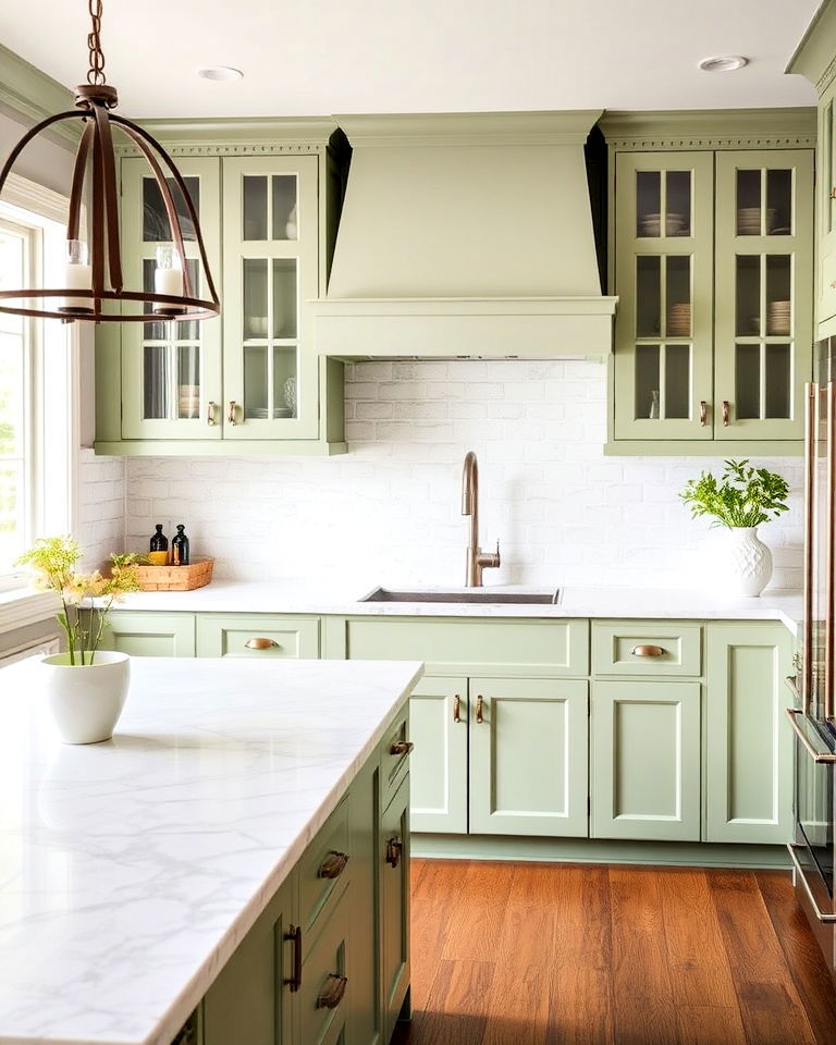 marble countertops and rustic chic sage green cabinets - 20 Rustic Sage Green Kitchen Cabinets