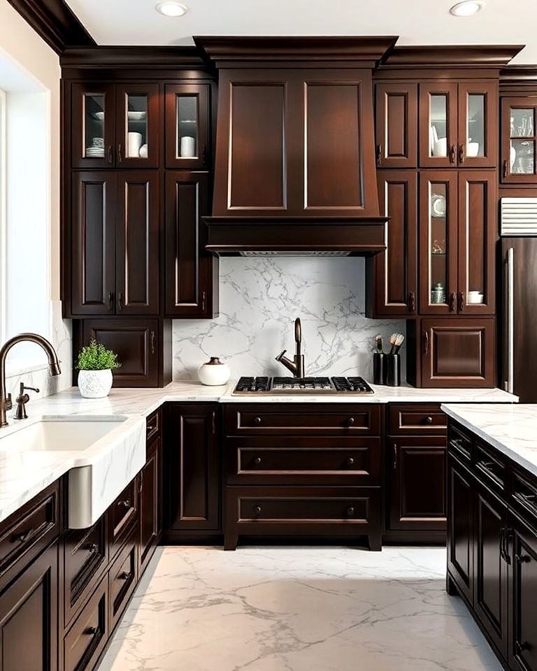 marble countertops for dark brown kitchen cabinets - 25 Brown Kitchen Cabinets Ideas