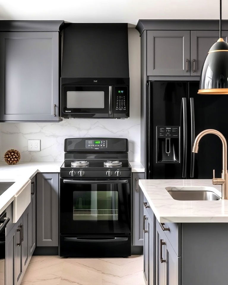 marble countertops for small kitchen with black appliances - 20 Small Kitchen with Black Appliances Ideas