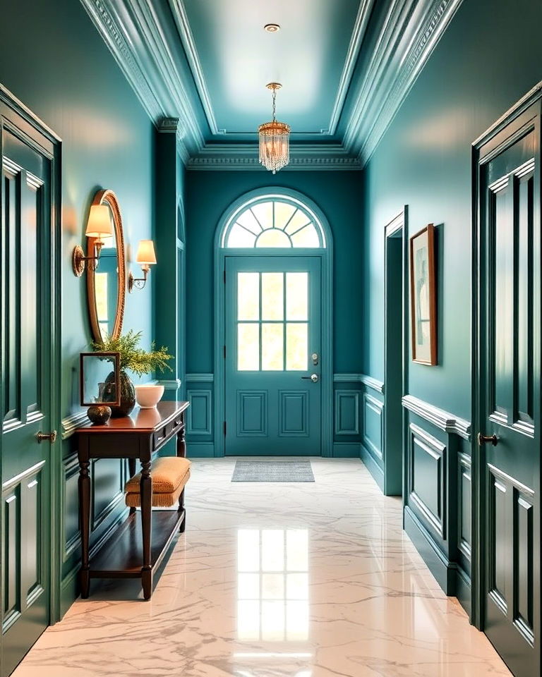 marble flooring for teal green hallway - 20 Green Hallway Ideas
