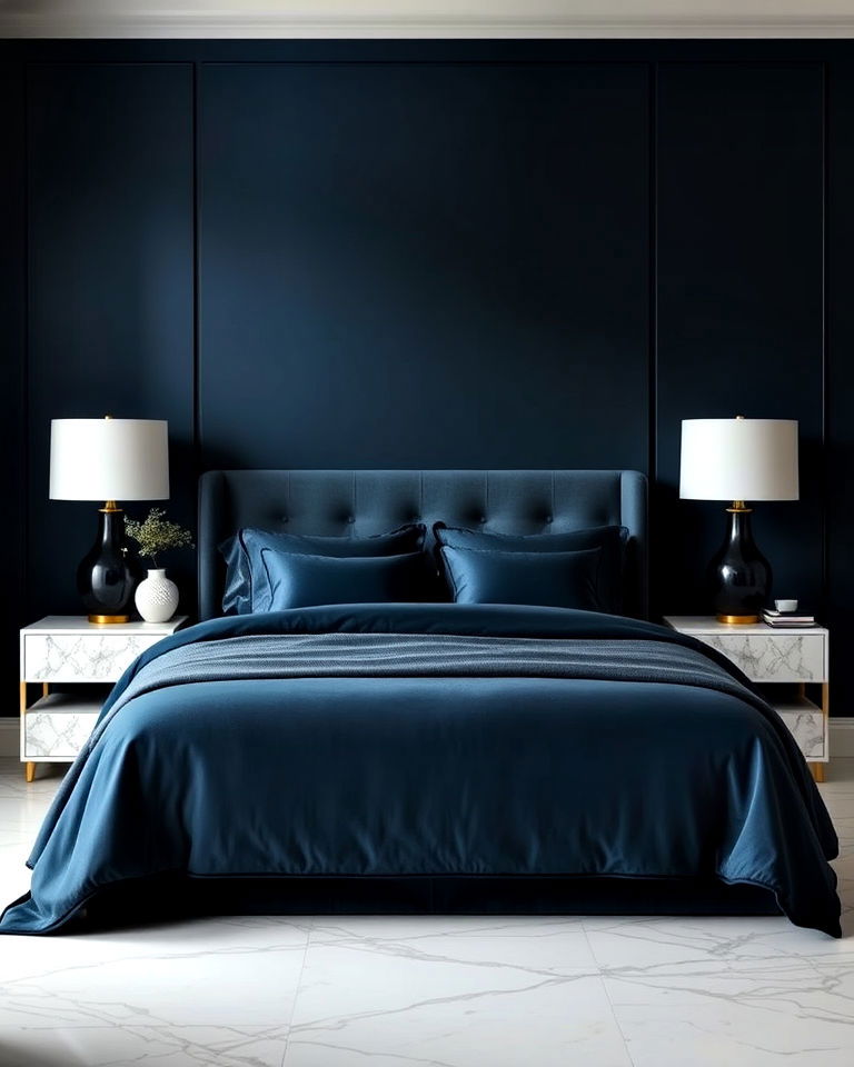 marble topped nightstands for dark blue bedroom - 30 Dark Blue Bedroom Ideas