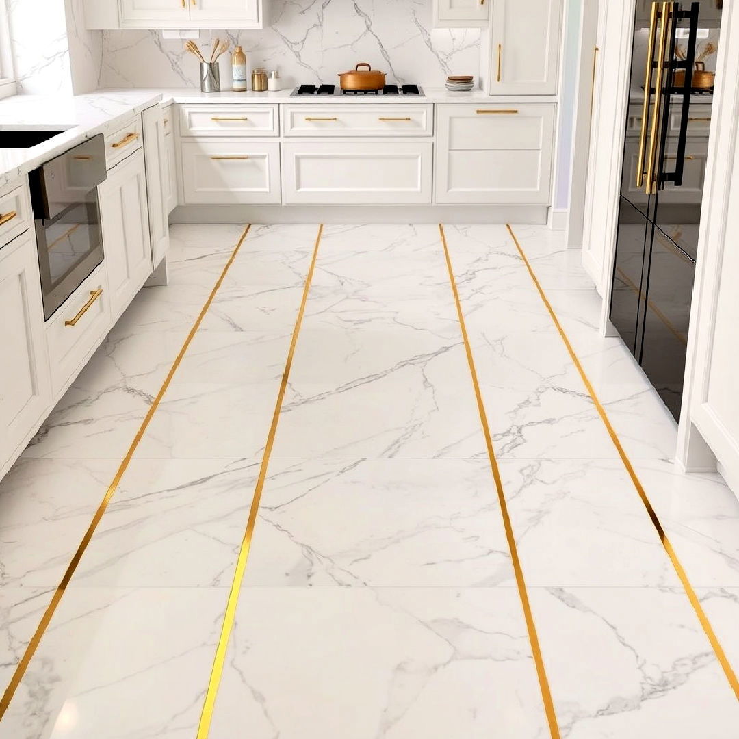 marble with brass inlays to add luxe touch - 20 Marble Kitchen Floor Ideas