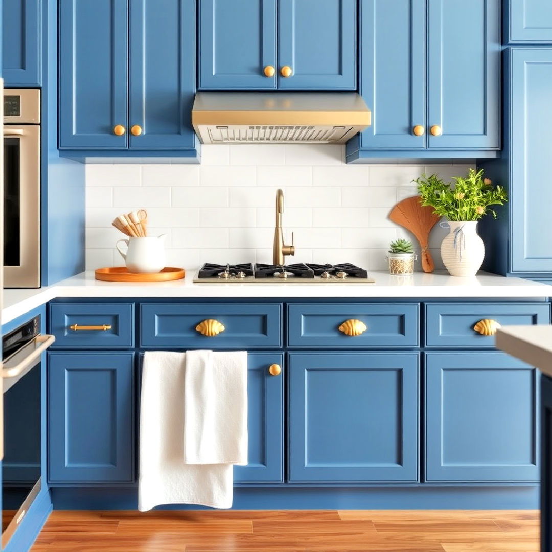 marine blue cabinets and gold shell handles for coastal charm - 30 Blue Kitchen Cabinets With Gold Hardware